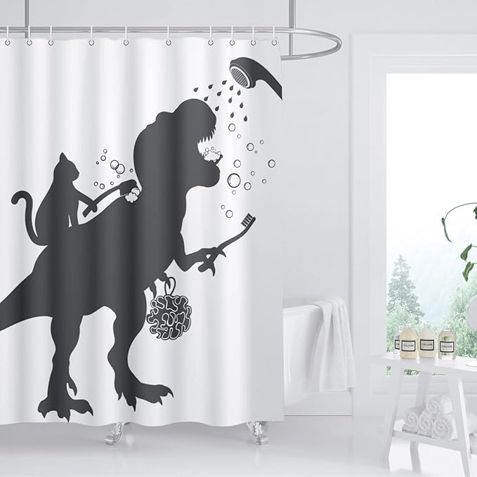 Cat Dinosaur Shower Curtain Funny Cartoon Cat Dino Bathe for Kids Boys Trex Silhouette Shadow Black White Design Artwork Bathroom Decor Waterproof Fabric 72Lx72W Inch with Hooks