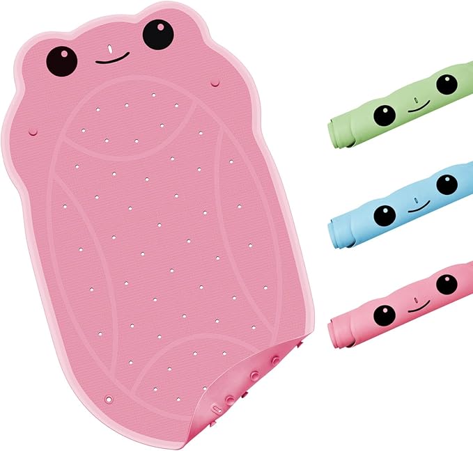 Bath Shower Mat for Toddlers, BPA-Free Cartoon Frog Bathtub Mat Non Slip, Soft Rubber Bath Mat for Tub, Shower Bath Mats with Suction Cups & Drain Holes for Inside Shower and Bathroom Pink