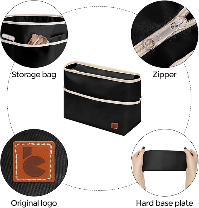 SDANG Purse Organizer Insert with Zipper – Pink Handbag & Tote Bag Organizer | Bag-in-Bag Insert with Pockets for Purses, Totes & Travel(Black,Medium 28)