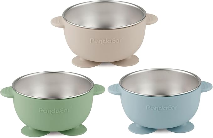 PandaEar 3 Pack Stainless Steel Baby Suction Bowls, Non-Slip Child Food Bowl with Silicone Sleeve for Kids Toddlers Infants, Unbreakable & Mess Free (Blue Green Beige)