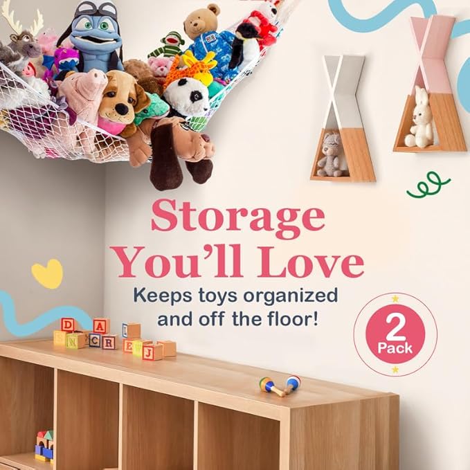 Lilly's Love Stuffed Animal Hammock | Corner Hanging Organizer, Toy Storage, Stuffed Animal Storage Net | Made from Quality Fishing Net, Holds 12lbs | 67"x47"x47" (Red, 2 Pack)