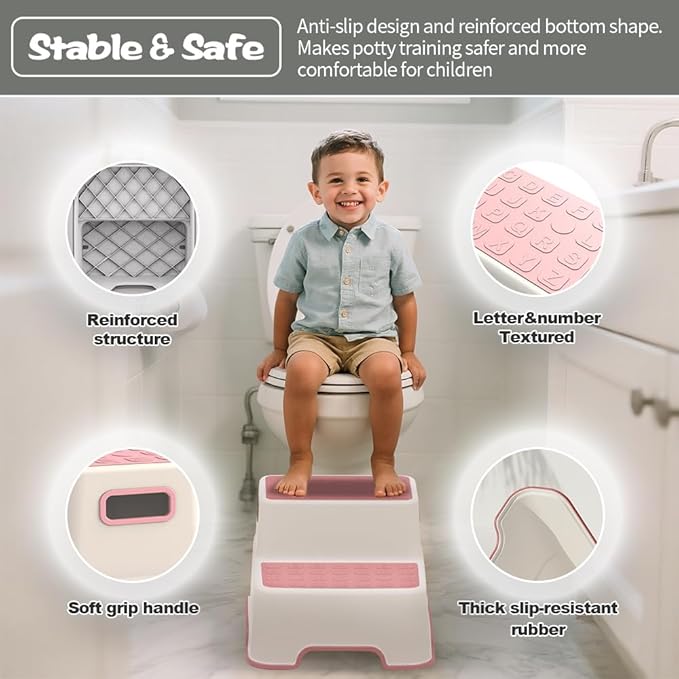 ZLMHYYM Toddler Step Stool for Bathroom Sink, 2 Pack Step Stool for Kids, Plastic Potty Training Toilet Stepping Stools, Child and Baby Lightweight&No-Slip Two Step Stools for Kitchen(Off-White/Pink)
