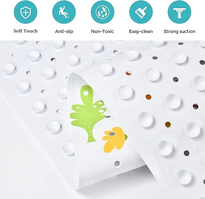 Tubozadi Bath Mat for Tub for Kids Dinosaur Non Slip Bathtub Mat for Baby Toddler 40X16 Inch Long Anti Skid Bathroom Shower Mat with Suction Cups & Drain Holes
