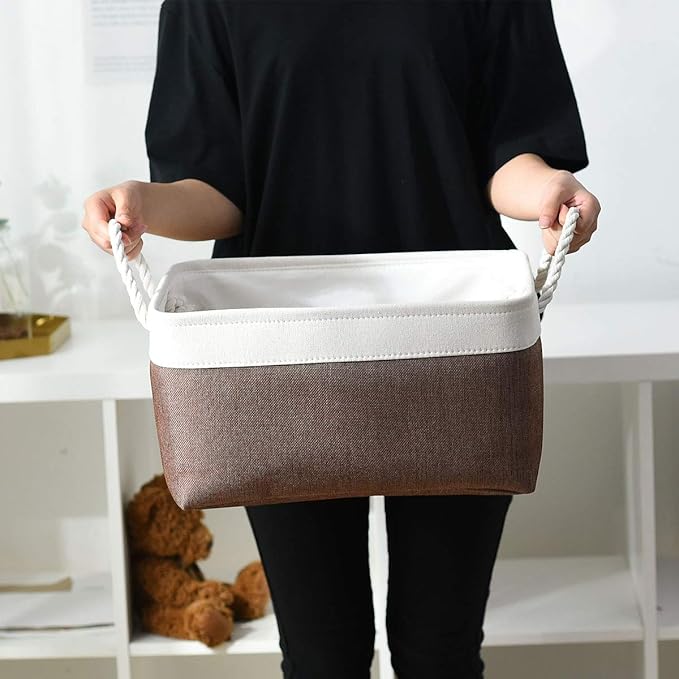 Sacyic Large Storage Baskets for Shelves, Fabric Baskets for Organizing, Collapsible Storage Bins for Closet, Nursery, Clothes, Home & Office [3-Pack, White&Brown]