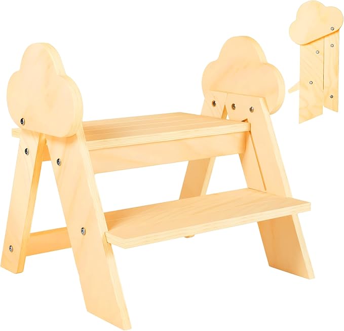TinyHaven Wooden Toddler Step Stool, 2-Step Foldable Stool for Kids with Non-Slip Surface, Baby Bathroom Stool for Potty Training, Bathroom Sink, Kitchen Counter with Cute Cloud Design, Natural