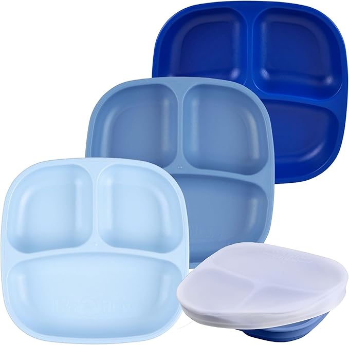 Re-Play Toddler Plates with Dividers - Deep-Walled 3 Compartments Divided Plates for Kids with 1 Lid - Dishwasher & Microwave Safe - Made in USA - Set of 3, Cool Blues