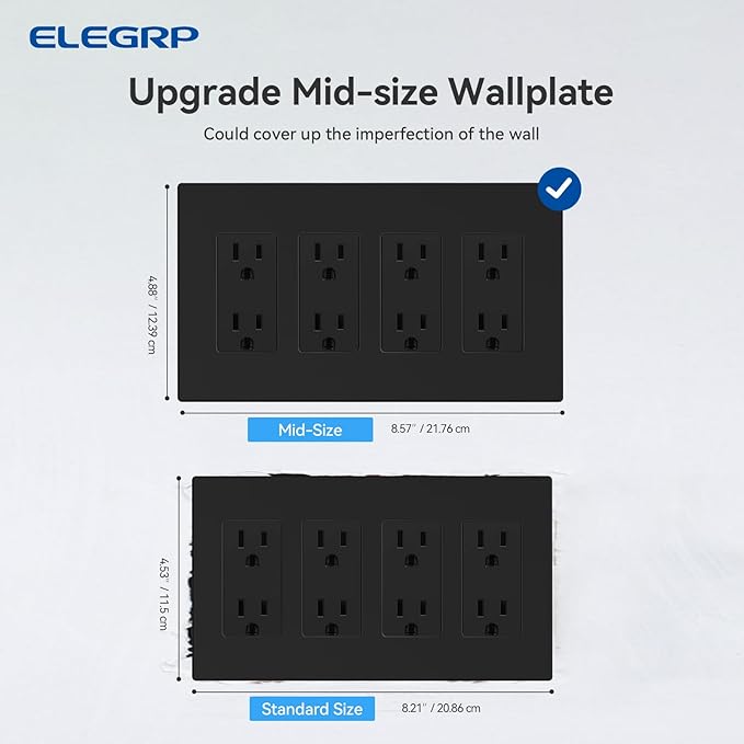 ELEGRP 4-Gang Screwless Decorative Wall Plates, Mid-Size Unbreakable Thermoplastic Faceplate Cover for Decorator Receptacle Outlet Switch, UL Listed (1 Pack, Matte Black)