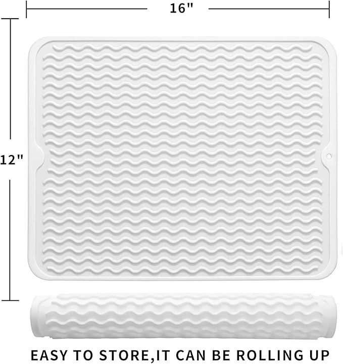 MicoYang Silicone Dish Drying Mat for Multiple Usage,Easy clean,Eco-friendly,Heat-resistant Silicone Mat for Kitchen Counter or Sink,Refrigerator or drawer liner White L 16 inches x 12 inches