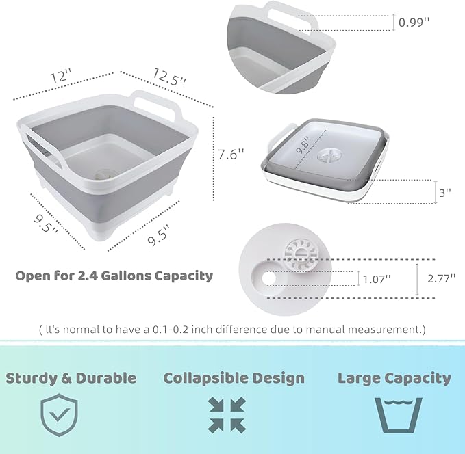 GIMWA Collapsible Wash Basin with Drain Plug - 2.4 Gallon Foldable Kitchen Sink for Baby Bottles, RV Camping, Space-Saving Dish Tub (Gray-Pink)