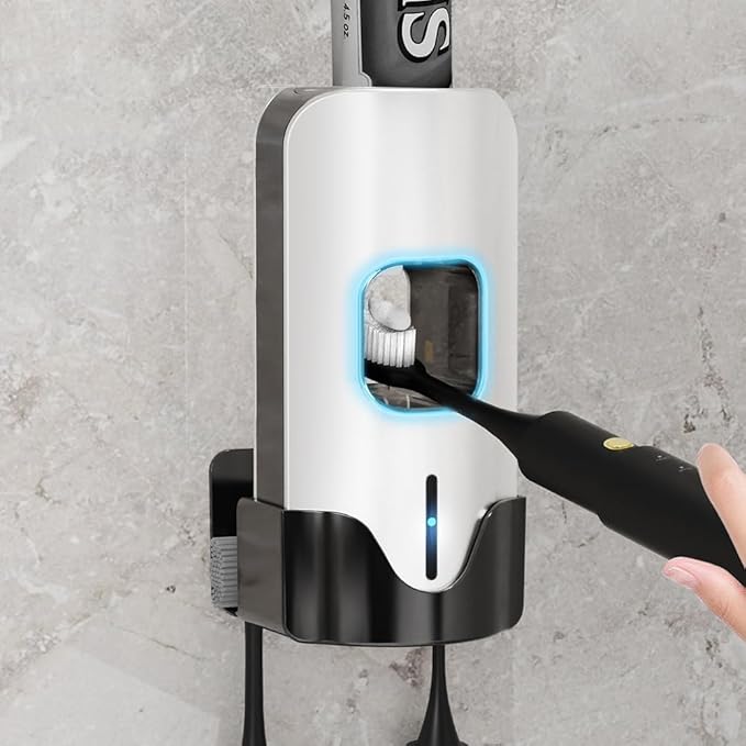 Smart Automatic Electric Toothpaste Dispenser for Kids - Wall Mounted Bathroom Squeezer with 3-Level Adjustment & 2 Toothbrush Slots (White)