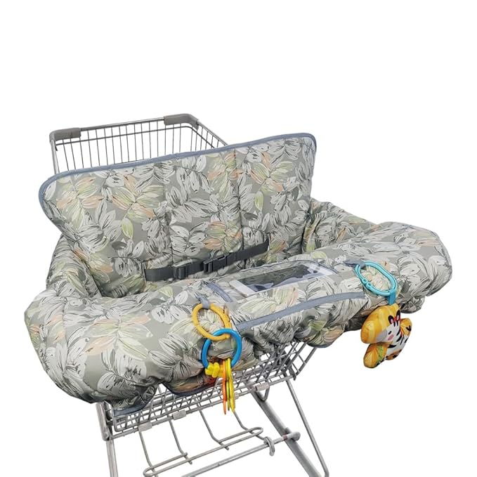 Shopping Cart Cover for Baby boy Girl, Multi-in-1 Cart Covers for Babies, Soft Padded Infant High Chair Cover, Machine Washable, Grocery cart seat Cushion Cover Grey Leaves