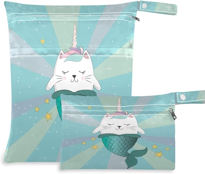 visesunny Fun Magic Cat Unicorn And Mermaid 2Pcs Wet Bag with 2 Zippered Pockets Snap Handle Washable Reusable Roomy for Travel,Beach,Pool,Daycare,Stroller,Diapers,Dirty Gym Clothes, Wet Swimsuits, To