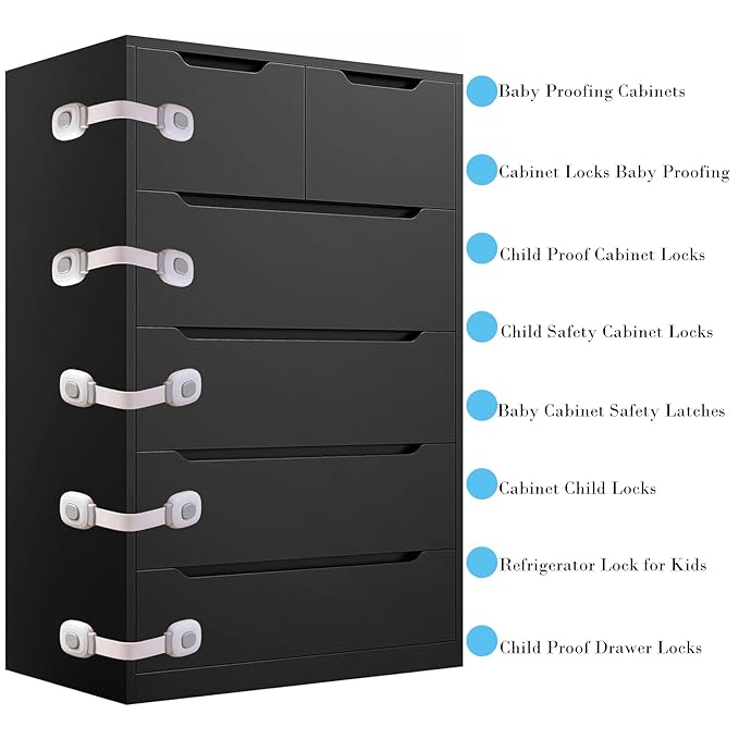 Fursafe&Q Baby Cabinet Locks, Child Safety Cabinet Proofing -Child Safety Strap Locks Adhesive Drawer Fridge Ovens Door Toilet Latches No Drill Multi-Purpose for Furniture Kitchen Lock (Grey, 6Pack)