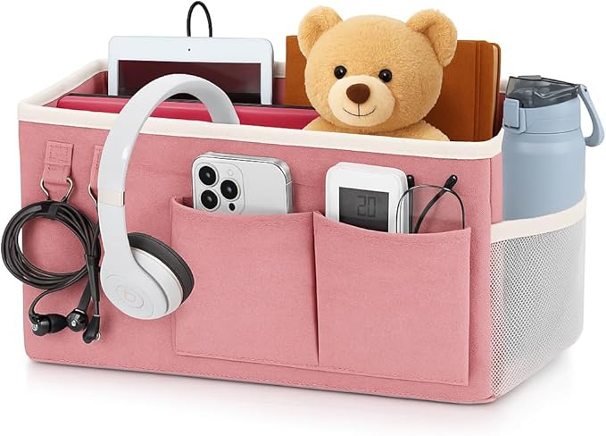 Bedside Caddy Organizer Hanging Storage Bag with Pockets for Books, Magazines, Phone, Tablet & Water Bottle – Bedside Storage for Dorm, Bunk Beds, Hospital Beds & Cribs, Pink