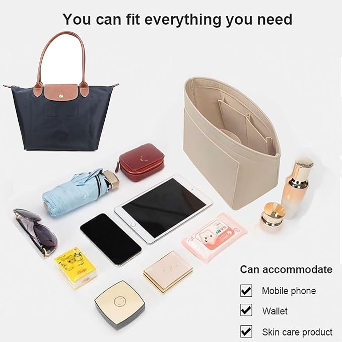 Lckaey Purse Organizer Insert for Longchamp, Premium Felt Long Champ Le Pliage Handbag Organizer Large beige
