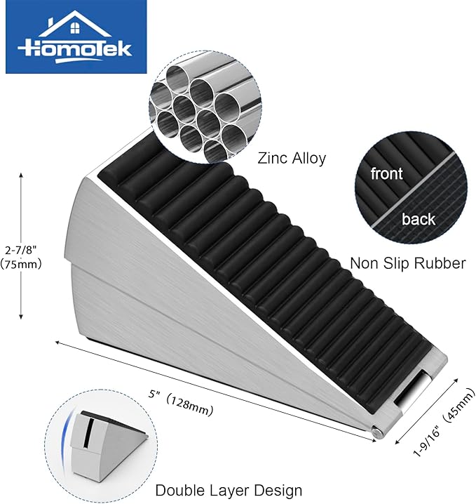 HOMOTEK Adjustable Tall Wedge Door Stopper, Heavy Duty Higher Door Stopper for Bottom of Door, Large Stainless Steel Door Stop Spring Non-Slip Rubber, Suit for Door Clearance of 0.2"-3", Silver 1Pack