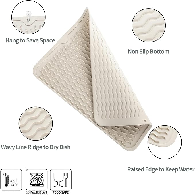 MicoYang Silicone Dish Drying Mat for Multiple Usage,Easy clean,Eco-friendly,Heat-resistant Silicone Mat for Kitchen Counter or Sink,Refrigerator or drawer liner Tapioca L 16 inches x 12 inches