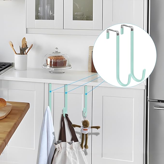 FYY Over the Door Hooks, 4 Pack Upgraded Long Door Hangers Hooks with Rubber Prevent Scratches Heavy Duty Organizer Hooks for Hanging Clothes, Towels, Hats, Coats, Bags LightGreen