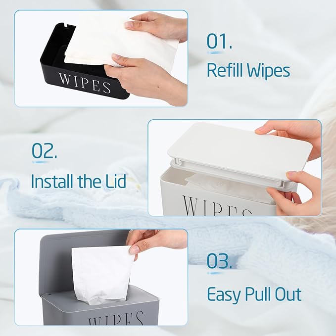 Singhoow 3 Pack Baby Wipes Dispenser Holder Wipe Container for Bathroom with Lid Toilet Tissue Paper Storage Refillable Box for Home Office Cars(Small,Black, White, Gray)