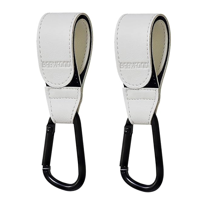 2 Pcs Stroller Hooks for Hanging, Portable Leather Style Stroller Clip Straps, Baby Stroller Hooks for Diaper Bags Grocery Shopping Bags, Mommy Hook for Stroller (White)