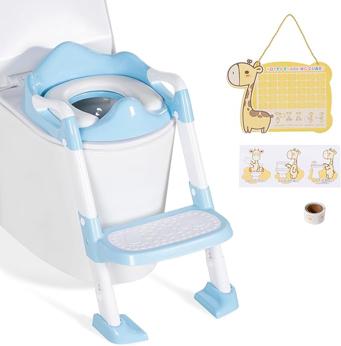 Potty Training Seat with Step Stool, Toddler Toilet Seat w/Ladder, Potty Training Chart, Splash Guard & Upgraded Non-Slip Pads, Kids Foldable Training Toilet Potty Chair for Boys Girls (Blue)