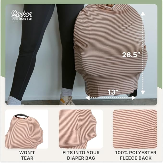 Parker Baby 4 in 1 Car Seat Cover for Girls and Boys - Stretchy Carseat Canopy, Nursing Cover, Grocery Cart Cover, High Chair Cover - "Rosewood Stripe"