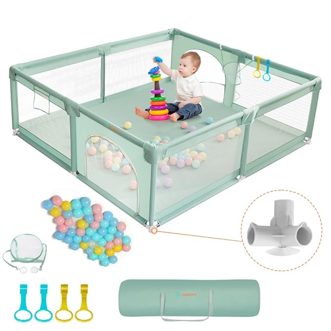 COMOMY Playpens for Babies and Toddlers, 79"x71" Baby Playard Extra Large, Safe and Non-Slip Baby Fence, Full Mesh Design, Indoor & Outdoor Kids Activity Center, Play Pens (Dark Green)