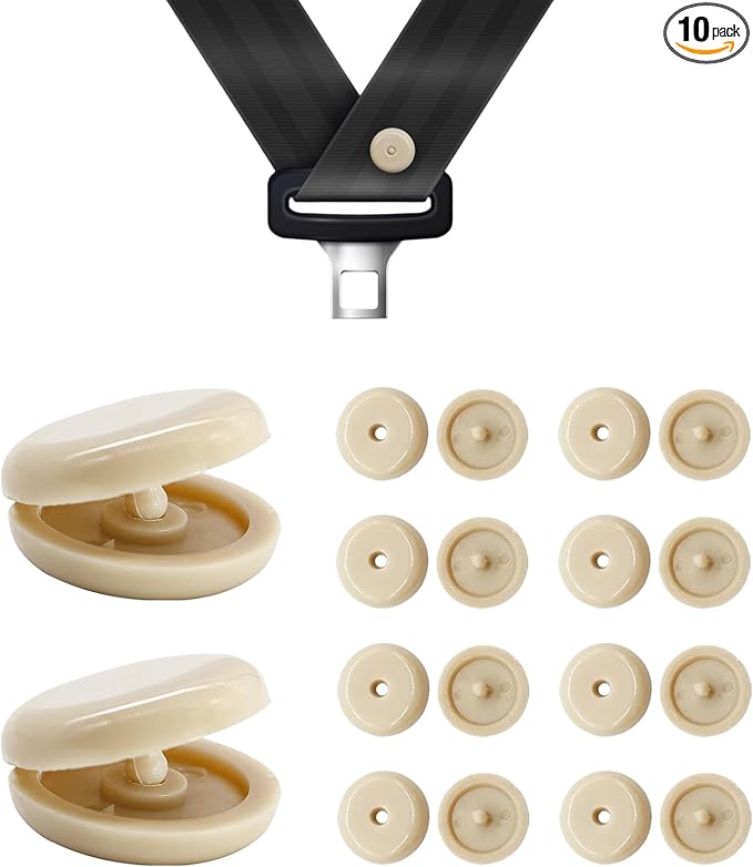 10 Sets Seat Belt Button Stop, Snap-On Plastic Seatbelt Stopper No Welding Required, Safety Seat Belt Stopper Spacing Limit Buckle Clip Retainer, Interior Car Accessories (Beige)