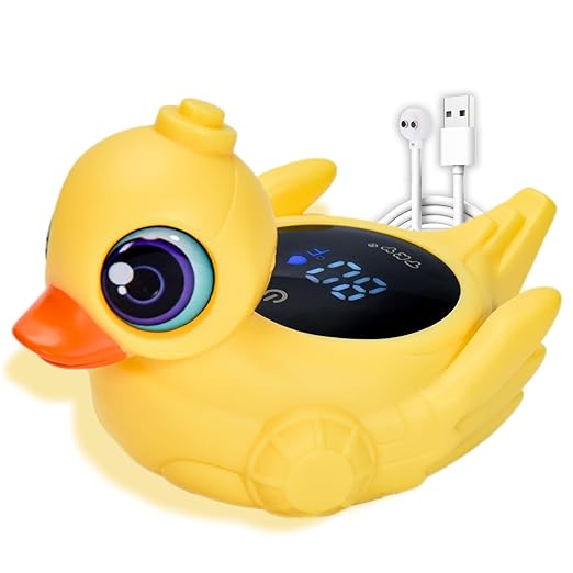 Big-Eye Duck Baby Bath Thermometer - Digital Water & Room Temp Monitor with LED Alerts, Floating Bath Safety Essential for Newborns, Infants, Toddlers (Rechargeable, IP67 Waterproof)