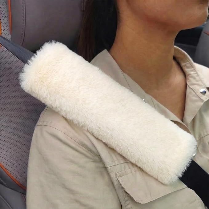 2-Pack Soft Plush Seatbelt Covers for Kids - Comfortable Seat Belt Cushion for Newborns - Car Seat/Stroller Strap Accessories - Enhanced Driving Comfort & Protection (White)