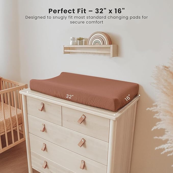 Konssy Muslin Changing Pad Cover for Baby Girls Boys, 100% Cotton Fitted Diaper Chang Table Covers, Soft Breathable Changing Pad Sheets, 2 Pack (Chestnut, Posy)