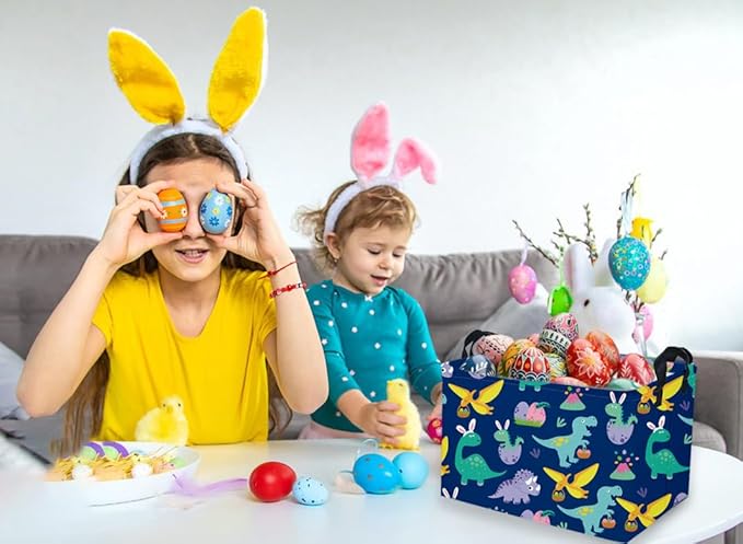 Sanjiaofen Rectangular Easter Dinosaur Basket,Dinosaur Easter Baskets for Boys, Kids Storage Basket Organizer for Boys,Room Decor ,Clothers,Toys Box,Books,Kid's Gifts Storage.(Easter Dinosaur)