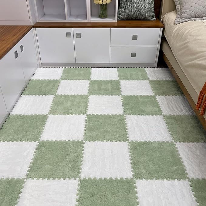 12pcs Carpet Squares Puzzle Floor Mat, Plush Interlocking Carpet Tiles, Anti Slip EVA Foam Jigsaw Floor Tiles, Build A Safe Area for Bedroom Playroom (Green+White)
