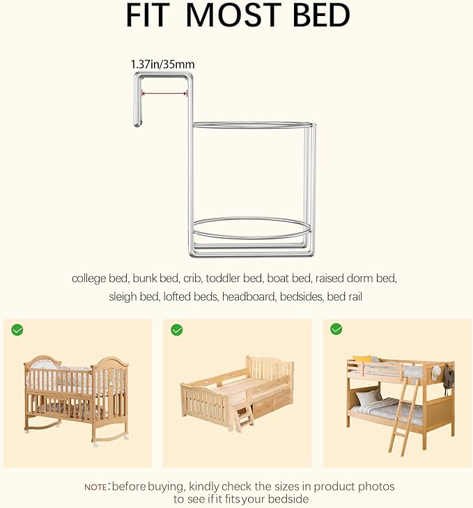 Cup Holder for Bed (Diameter: 3.3IN) Drink Holder Water Bottle/Glass Organizer for Wood Dorm Room Bunk Bed Crib, Metal Toddle Bed,Loft Bedside, Headbed, Car,Office Desk Partition