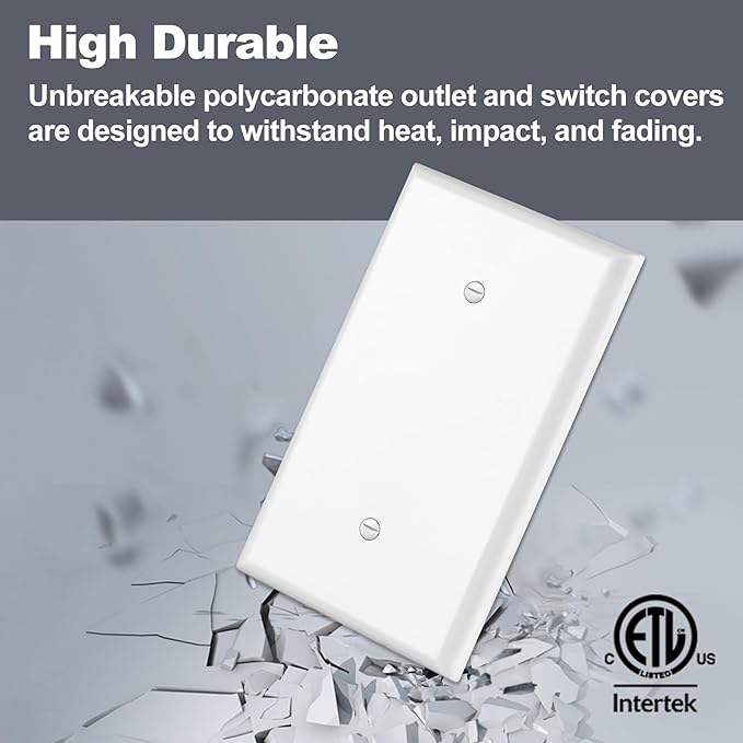 BESTTEN 10 Pack 1-Gang Oversized Blank Wall Plate, Unbreakable Polycarbonate Receptacle Outlet Cover, Gloss Finish, White, ETL Listed