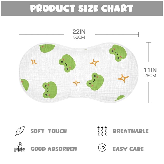 Muslin Baby Burp Cloths Set of 2, Soft Absorbent Cute Frog Muslin Washcloths, Bibs, Face Towel for Newborn Boys Girls, 22 x 11 Inch
