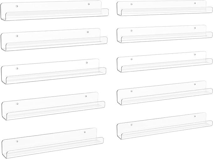 upsimples 10 Pack Clear Acrylic Shelves, 1.7" x12" Nursery Bookshelves, Small Floating Bookshelf for Kids Baby, Vinyl Wall Mount, Record Holder, Magazine Rack, Comic Display, Picture Ledge Shelf Décor