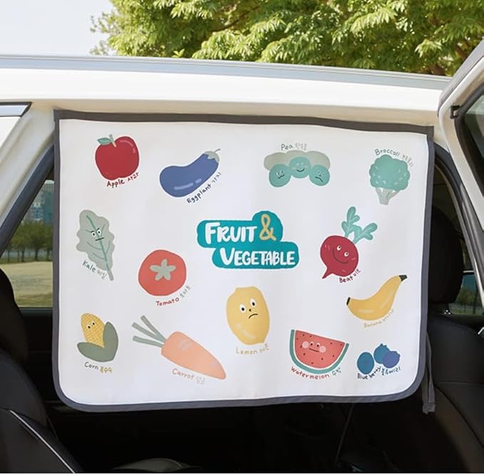 BEBEDECO Magnetic Car Sun Shade Curtain for Side Window – Sun Blocker and UV Protector for Baby, Kids, and Pets – Universal Fit with Built-in Magnets for Steel-Framed Door (Vegetable Friends)