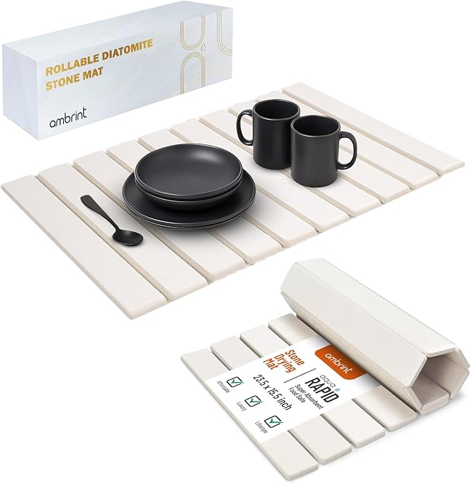 Stone Dish Drying Mat For Kitchen Counter Off-White 24"x16" – Quick Dry & Foldable Diatomaceous Earth Mat for Dish , Bottle , Cup , Tableware & Match Any Countertop.