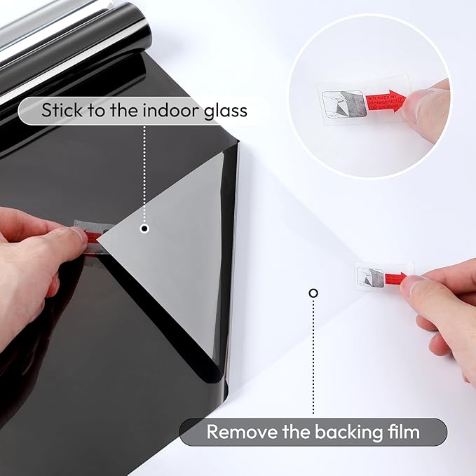 rabbitgoo One Way Window Privacy Film, Window Tint for Home, Reflective Heat Control Sun Blocking Anti UV See Out Not in Glass Door Covering Tinting Film, 17.5 in X 6.5 Feet, Black Silver
