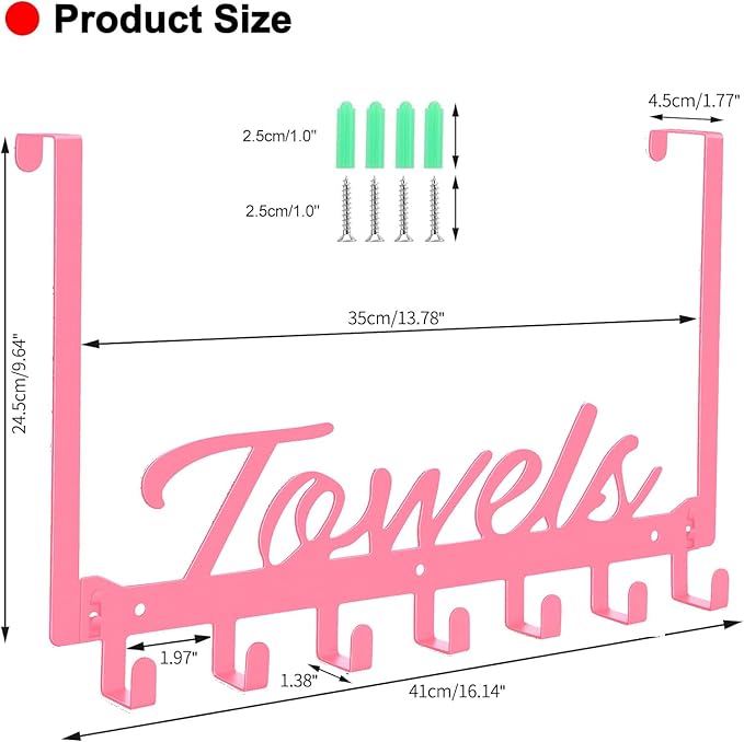 Azmoncy Over The Door Hooks, Towel Rack for Bathroom Towel Holder for Hanging Heavy Duty, Over Door Hanger with 7 Coat Hooks for Bedroom Bathroom Pool Kitchen, Bags(Pink)
