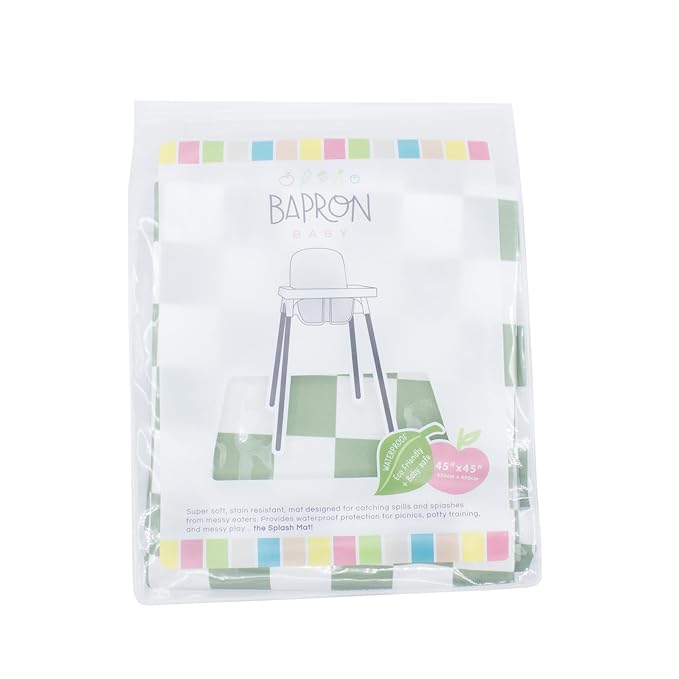 BapronBaby Sage Checkerboard Splash Mat - Waterproof Catch-All for Under High Chairs, Floors, Tables, Playtime or Arts & Crafts - Machine Washable - 45" x 45”