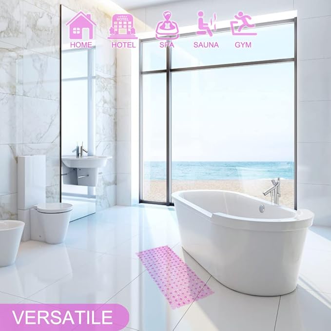 Bath Tub and Shower Mats, Non-Slip Pebble 35 x 16 Inches Machine Washable Bathtub Mat with Drain Holes, Suction Cups for Bathroom (Clear Pink)