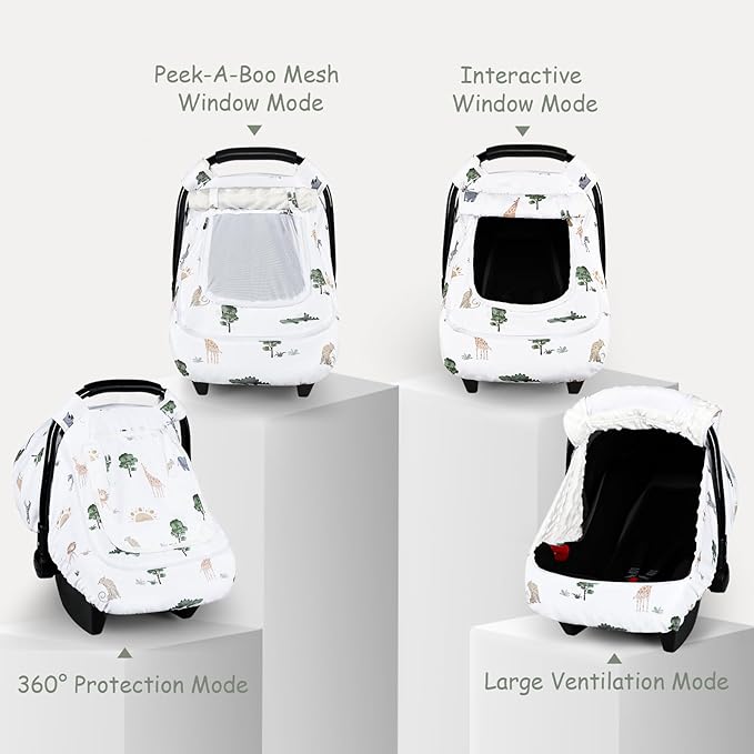 Winter Car Seat Cover Baby with Sunshade & Dual Zipper Windows - Minky Bubble Lined Windproof Soft Shell, Warm Newborn Car Seat Canopy Covers, Elastic Bottom for Stroller & Infant Car Seat, Animal