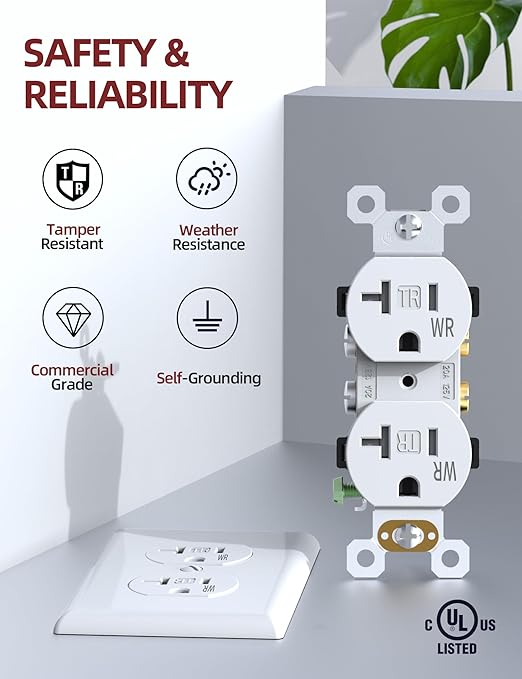 AIDA 20 Amps Outlets Duplex Electrical Receptacle Outlets, Tamper Resistant & Weather Resistance, Wall Plate Included, Residential, 3-Wire, Self-Grounding, UL Listed (50 Pack, White)