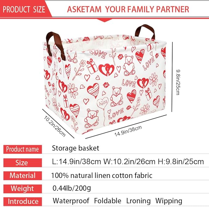 ASKETAM Valentine's Day Basket Gift for Empty Cute Heart Large Storage Bin for Kid and Baby Room Décor (Bear Love)