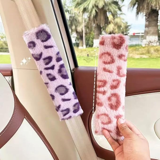 2 Pack Seat Belt Cover Pad, Cute Plush Leopard Print Seatbelt Covers Seatbelt Shoulder for More Comfortable Driving, Plush Fluffy Soft Seat Belt Cover, Car Interior Accessories, White