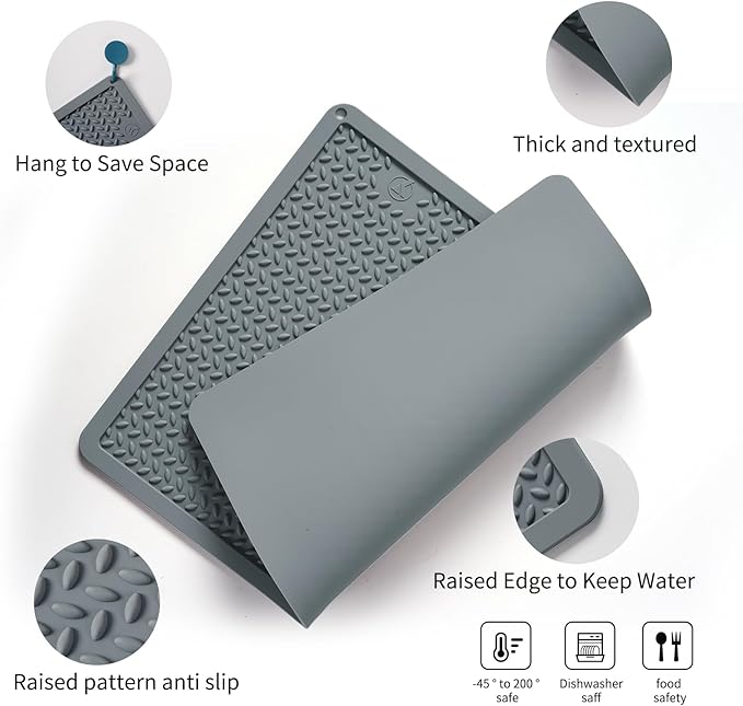 Silicone Drying Mat & Heat Resistant Mat for Kitchen Counter, Non-Slip Dishwasher Safe, Raised Edge for Dishes Bottles Sink (15.35x11.61in, Gery)