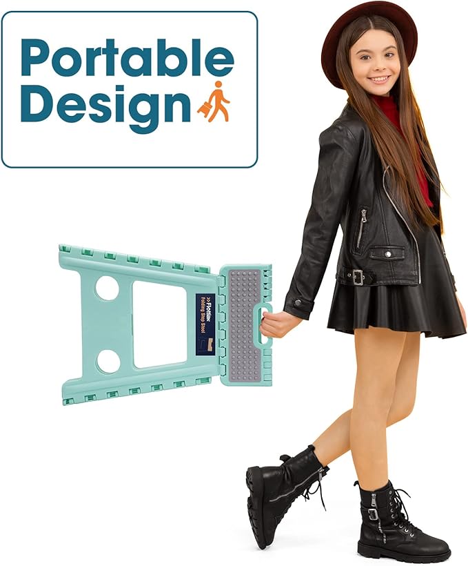 Flottian 16" Folding Step Stool for Adults and Kids Holds Up to 300 lbs,Non-Slip Folding Stools with Handle, Compact Plastic Foldable Step Stool for Bathroom,Bedroom, Kitchen, Teal,1PC