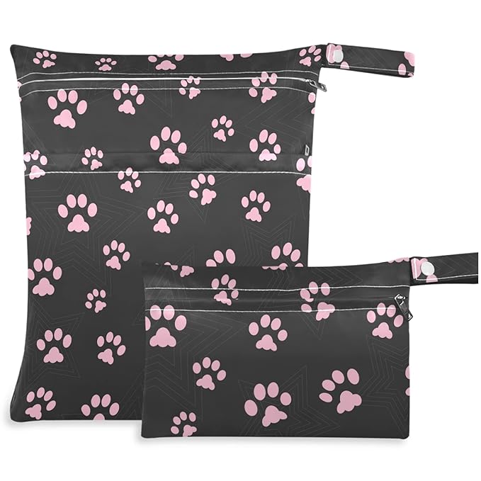 visesunny 2Pcs Wet Bag with Zippered Pockets Cat Footprint Washable Reusable Roomy Diaper Bag for Travel,Beach,Pool,Daycare,Stroller,Diapers,Dirty Gym Clothes, Wet Swimsuits, Toiletries